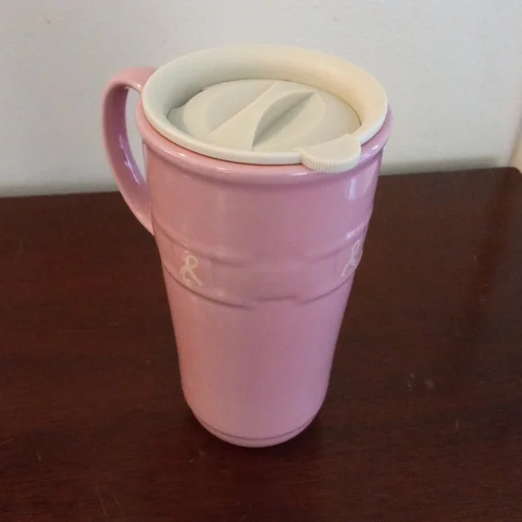 LONGABERGER Woven Traditions Pink Travel Mug with Lid Breast Cancer Ribbon NWOT - Picture 2 of 11